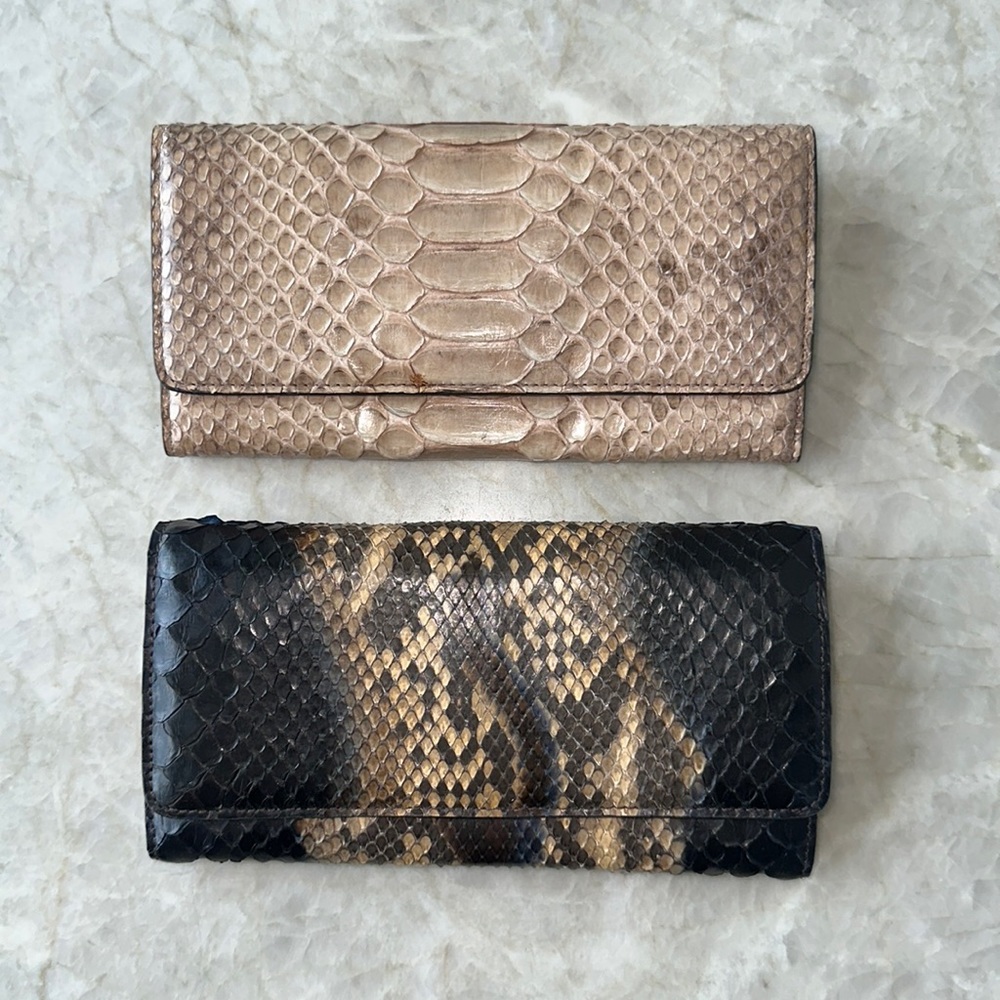 Malini Murjani Python Leather Black Beige Foldover Continental Wallet